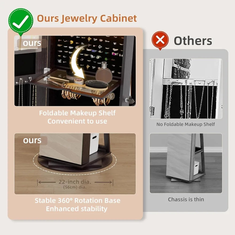 Full length mirror armoire with led lights lockable cabinet jewelry storage 360 swivel