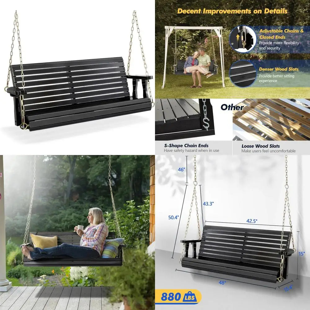 Heavy-duty wooden swing bench for outdoor spaces 880lbs capacity with hanging chains garden and patio relaxation