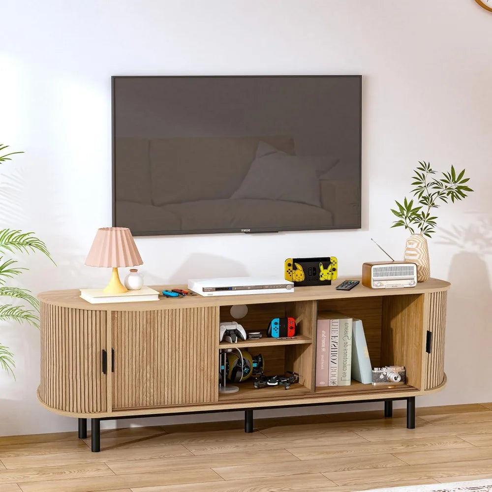 62’’ tambour door tv stand,wood mid century modern cabinet for up to 75“ tv,curved edge long stand with storage bedroom