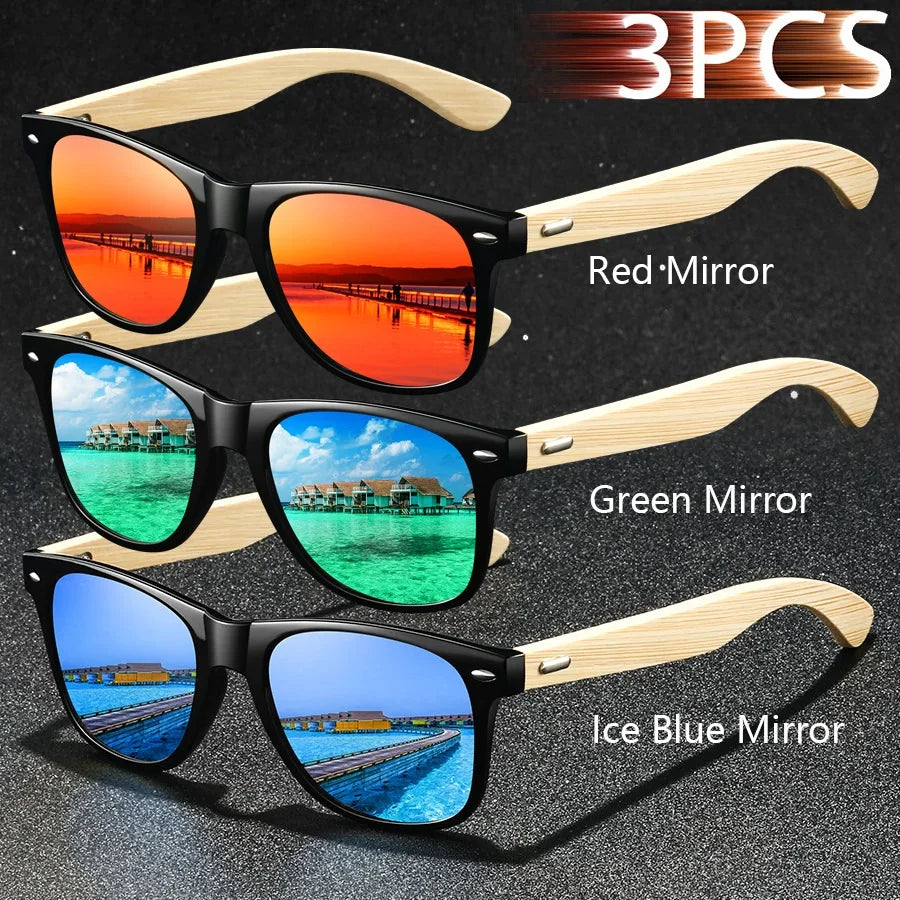 3pcs fashion vintage bamboo wood square sunglasses men women fishing driving man luxury brand designer sun glasses