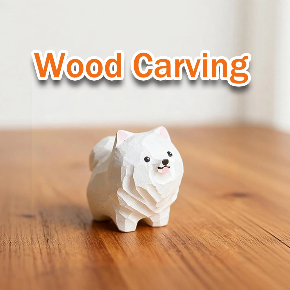 Handcrafted wood carving dog statue samoyed figurines small animal sculpture for living room bedroom christmas gift