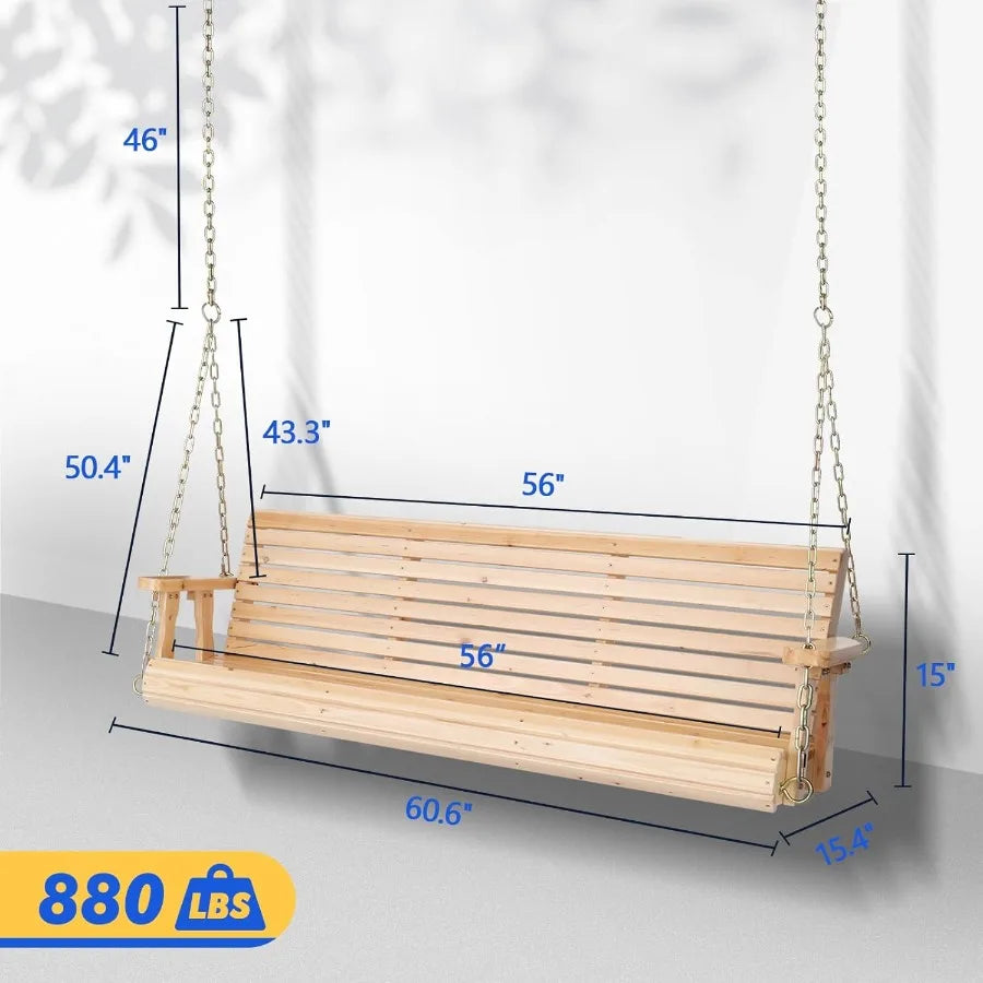 Upgraded heavy duty wooden patio swing for courtyard and garden 5 ft natural finish chair bench with durable hanging