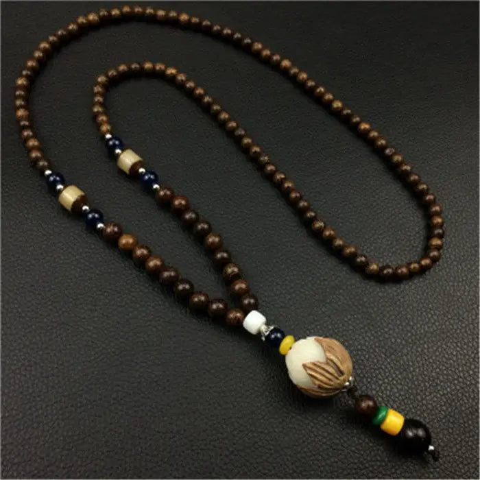 Chinese style minimalist wooden necklace long buddha bead sweater chain versatile personalized pendant men’s