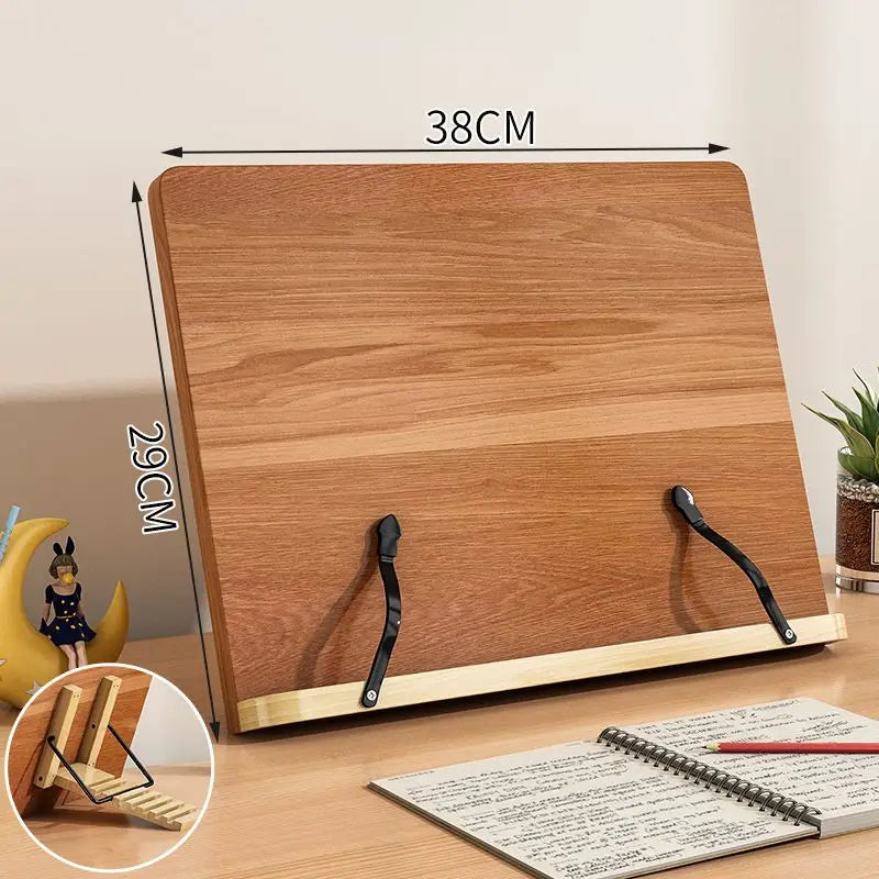 Wooden reading stand adjustable book holder student notebook clip bookshelf for note-taking portable desk - 38x29cm