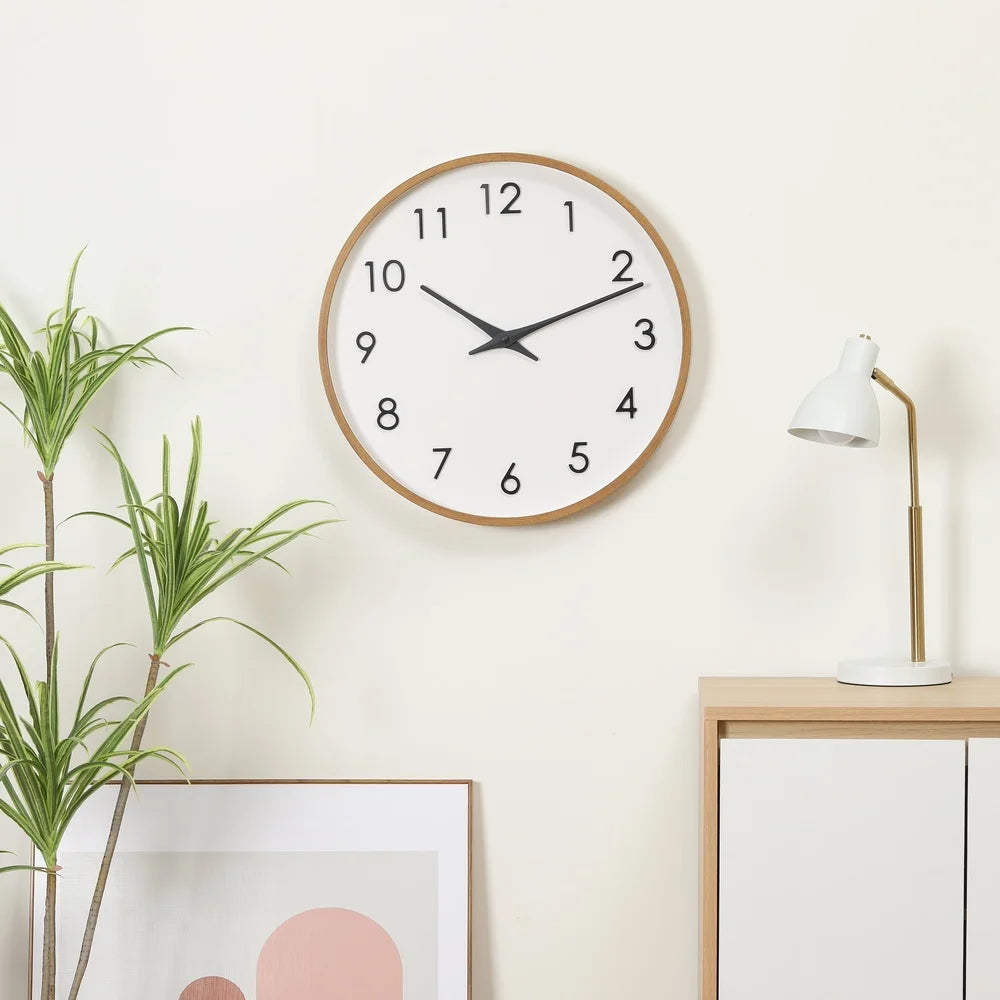 20 inch modern quartz wall clock with raised numerals easy installation warm wood grain finish durable design home