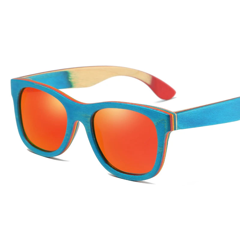 Gm skateboard wooden sunglasses blue frame with coating mirrored bamboo uv 400 protection lenses in w033 - red / other