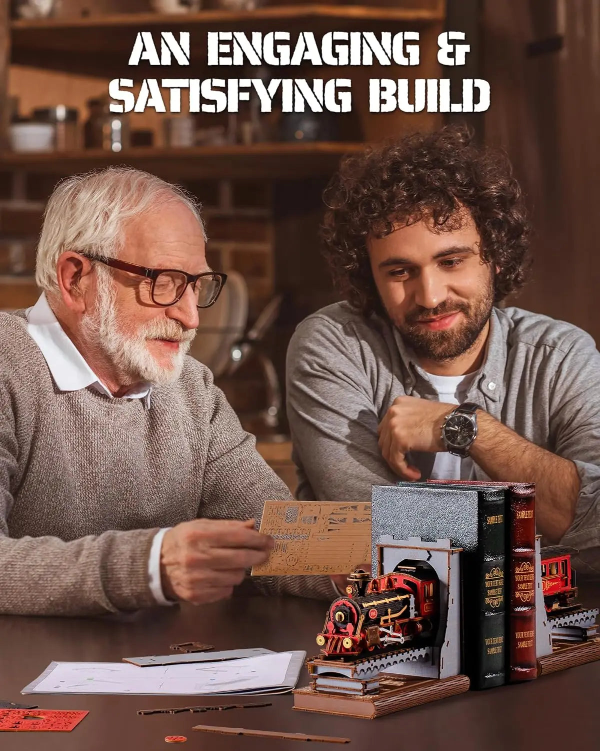 Robotime rolife wooden vintage train kit 3d puzzles diy book nook kit decorative bookends 6.5’’ for adults gifts boys