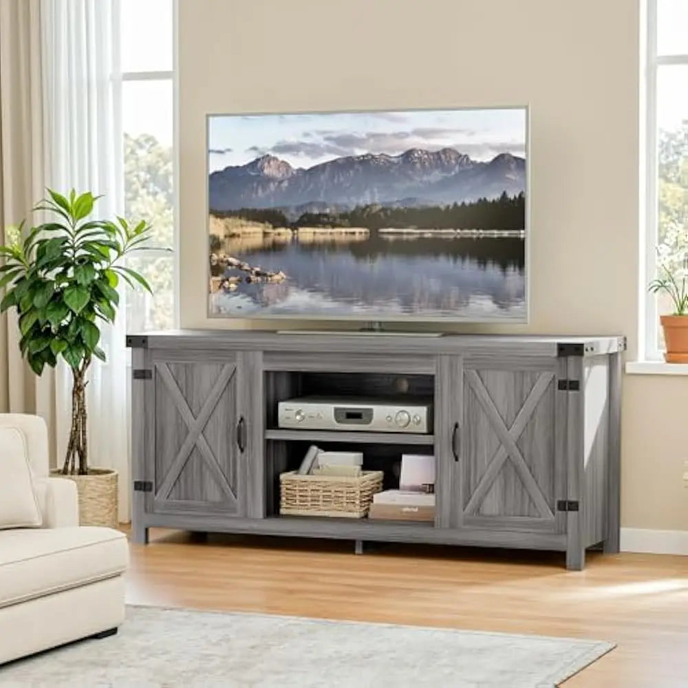 Tv stand with two barn doors and storage cabinets for televisions up to 65+ inch,entertainment center console table