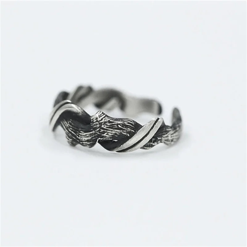 Vintage floating wood design ring male jewelry open size trend personality art index 925 silver men party accessories