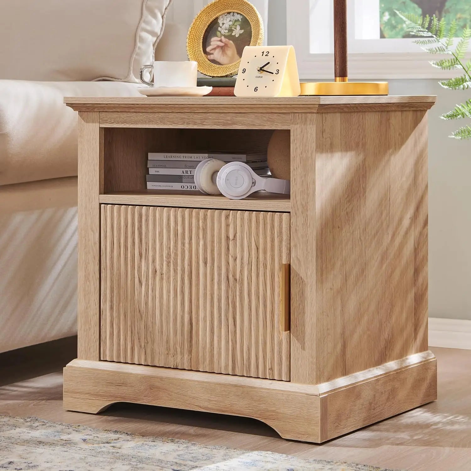 Fluted nightstand with charging station 22’’ large modern side table wood end w/open shelf & spacious tabletop bedside