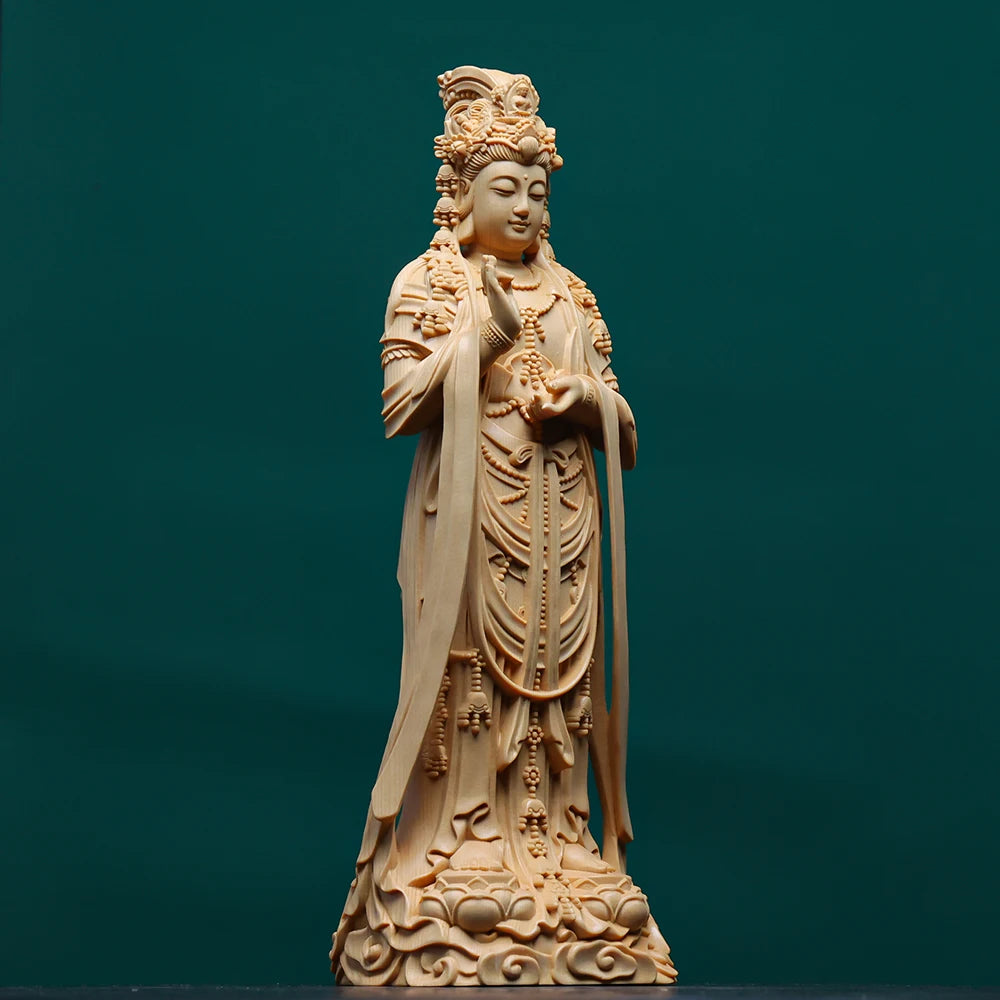 Hand carved hinoki wood standing guanyin kuan yin bodhisattva statue figurine w/ vase lotus base - spiritual temple