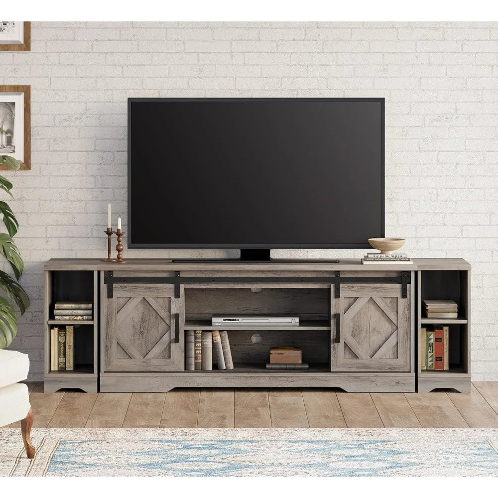 Modern farmhouse 3 in 1 tv stand for up to 85’’ tvs wood entertainment center with sliding barn door and adjustable