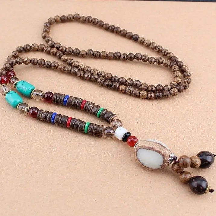 Chinese style minimalist wooden necklace long buddha bead sweater chain versatile personalized pendant men’s