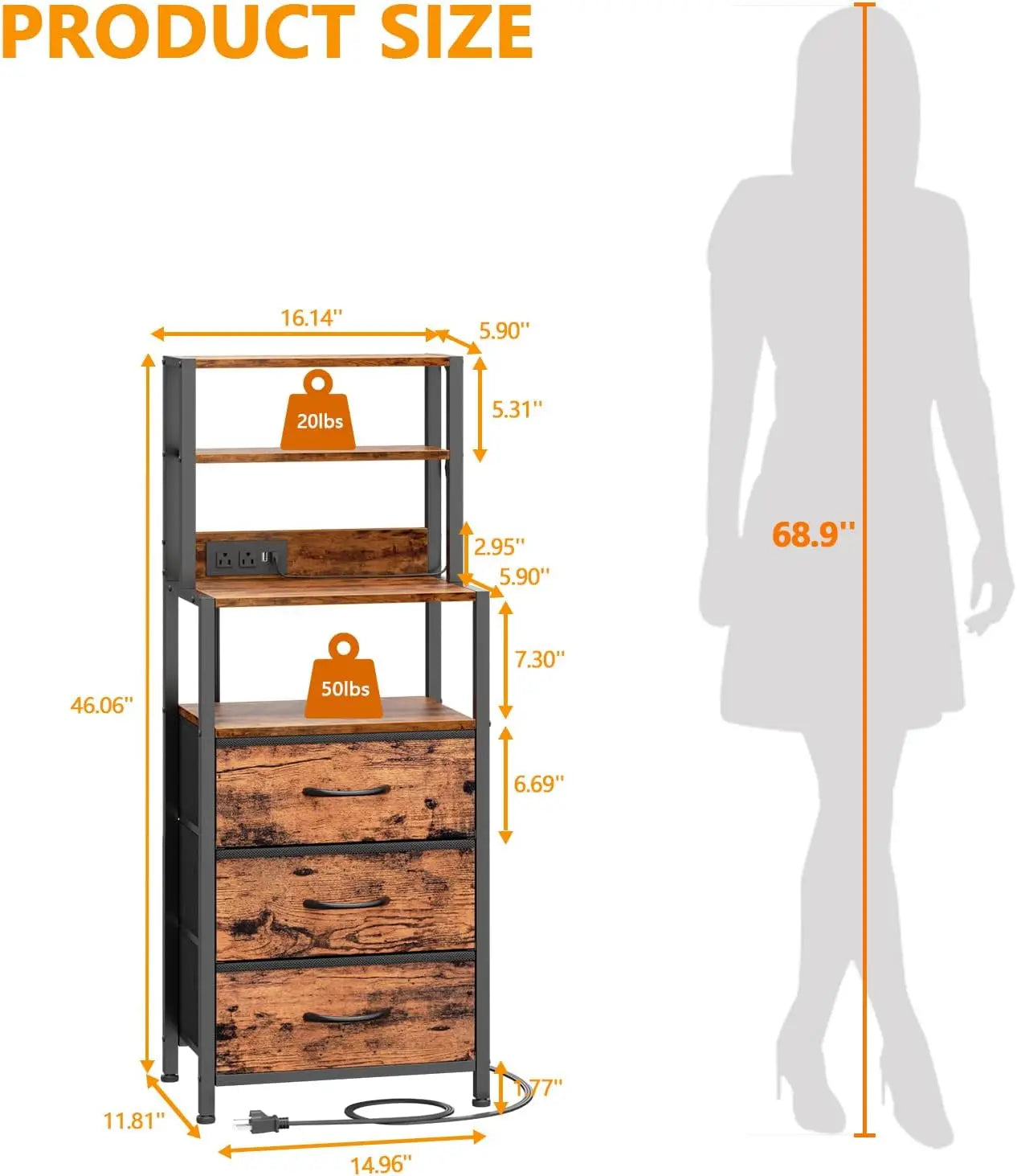 Night stand tall nightstand with 4-tier shelves and 3 fabric drawers led bed side tables charging station bedside table