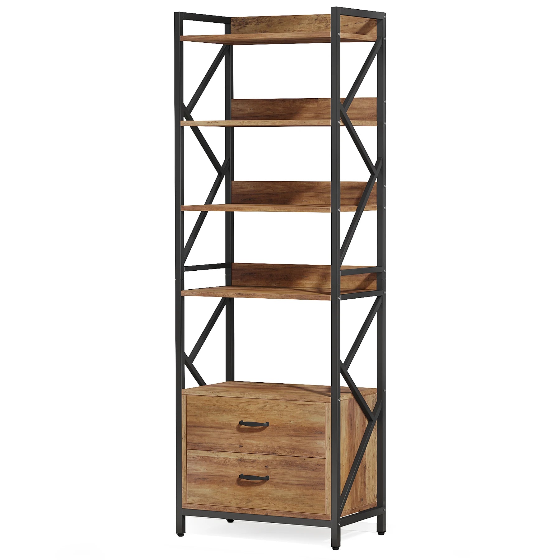 Tribesigns bookshelf with 2 drawers 70.8’’ industrial bookcase 5 shelf open for storage wood book li - coffee / united
