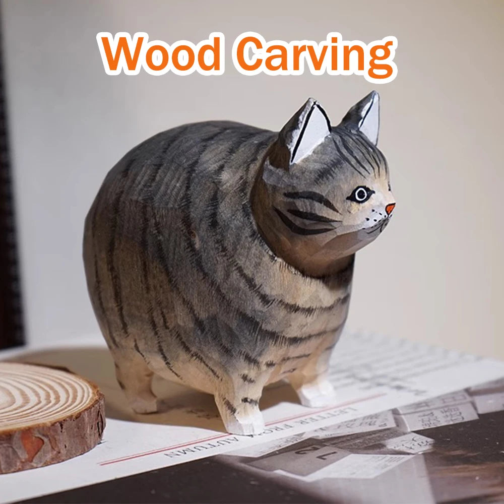 Christmas decoration cat figurine handmade wood carving dog ornaments kitten sculpture decor for home office desk