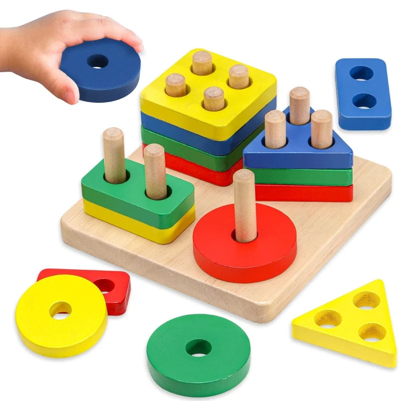 Educational wooden toys geometric shapes montessori puzzle color sorting math bricks baby preschool learning games
