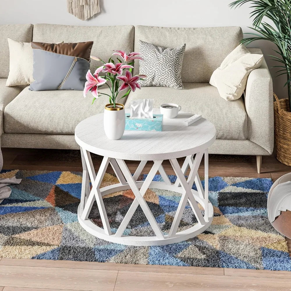 Farmhouse coffee table rustic round with x-motifs legs wood textured top for boho french country decor antique