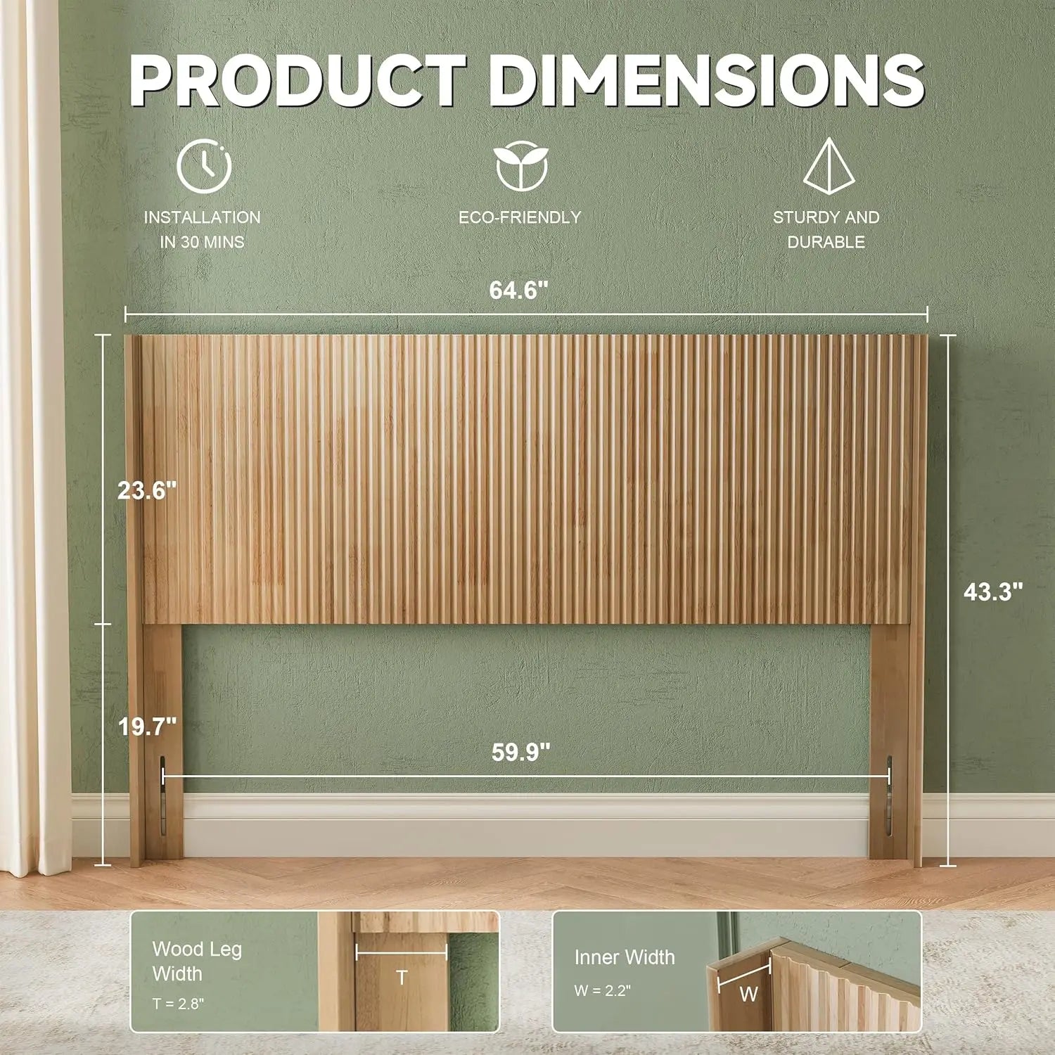 Wood headboard queen size 64.6’’ wide wooden only modern farmhouse headboards wall mounted fluted panel wingb - natural