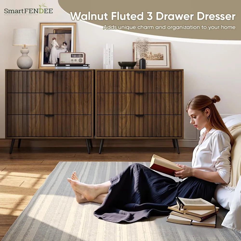 Fluted 3 drawers dresser mid- century modern wooden chest of large night stand organizer for bedroom living room wal