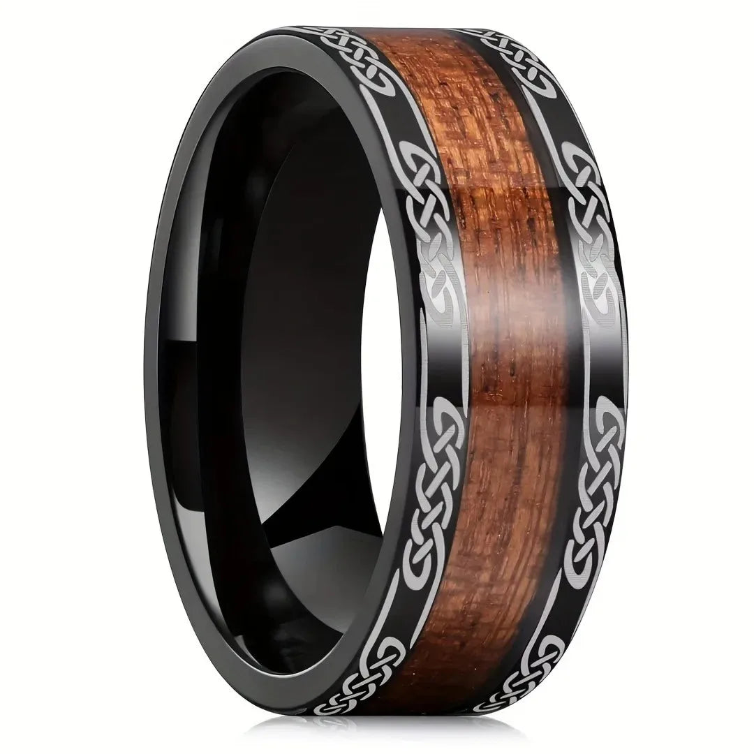 Fashion 8mm silver color stainless steel arrow rings for men women inlaid hawaiian koa wood wedding band jewelry gifts
