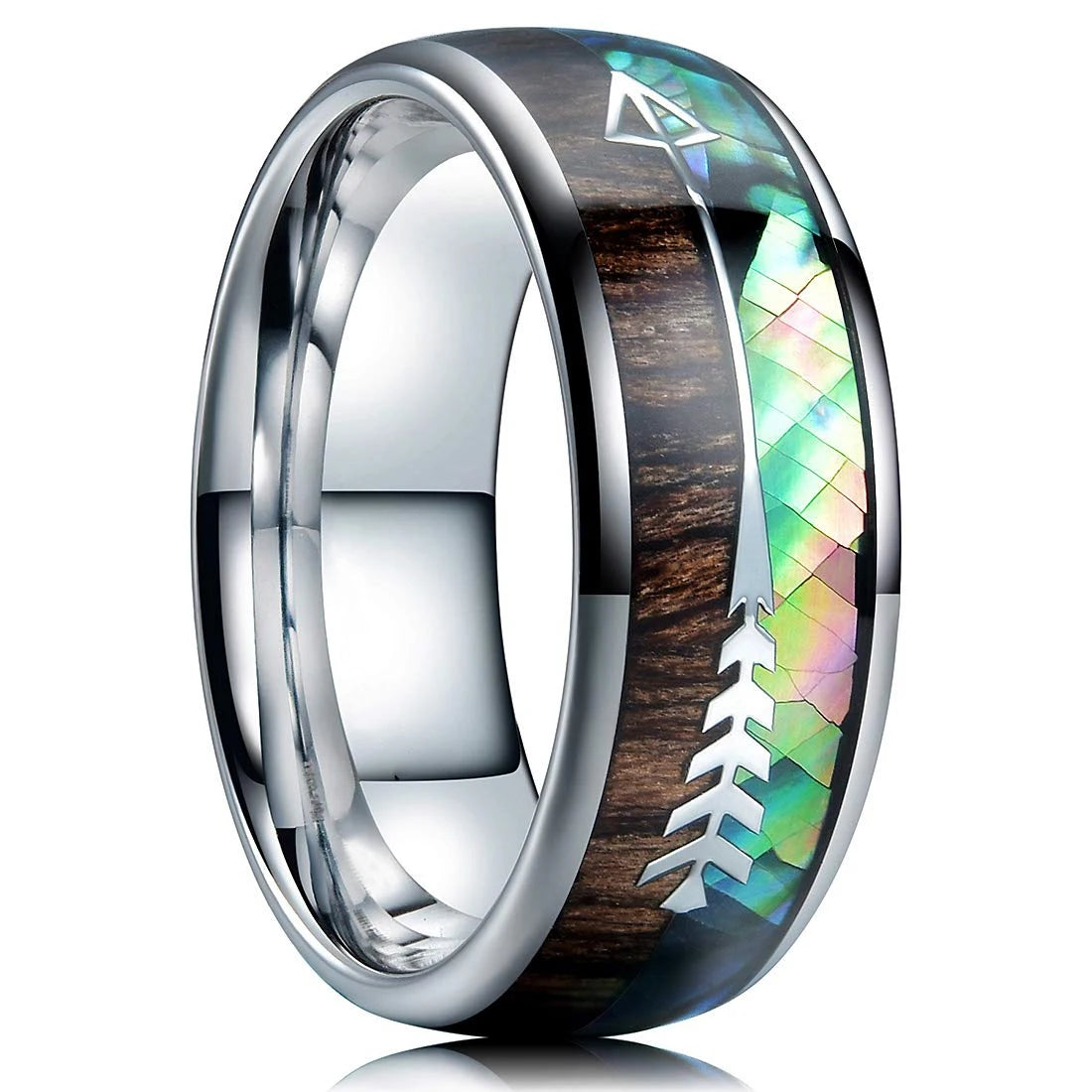 Fashion silver color men’s stainless steel rings koa wood deer antler inlay dome engagement for men women wedding
