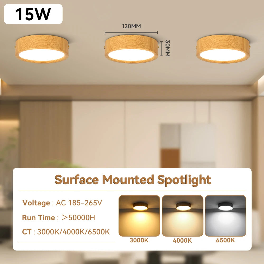 Wood ceiling light 3 colors memory downlight surface mounted led spotlight modern indoor for living room bedroom panel