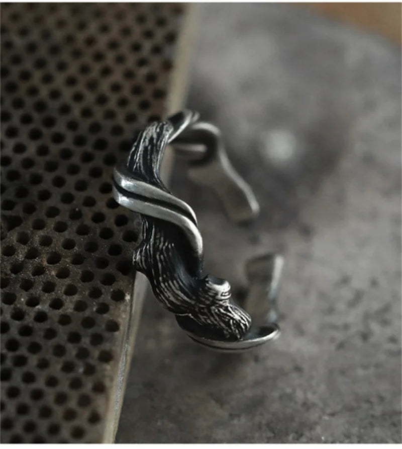 Vintage floating wood design ring male jewelry open size trend personality art index 925 silver men party accessories