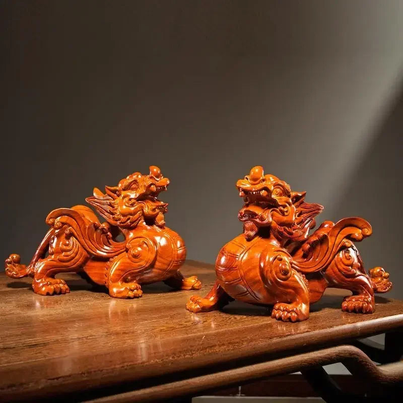 2pcs pixiu sculpture solid wood decor office desktop home living room tv cabinet ornaments crafts gift - yellow / 28cm