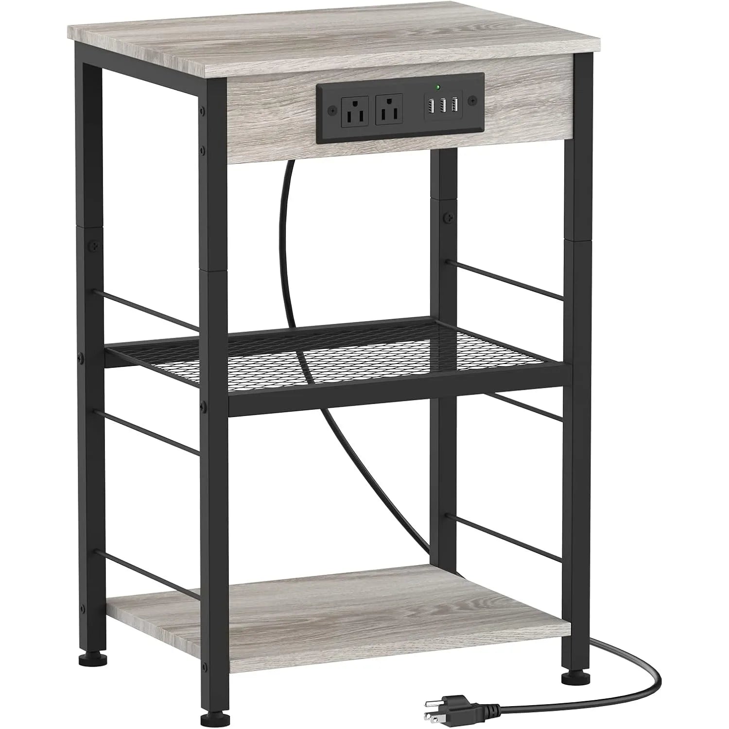 Grey farmhouse nightstand with usb/outlet charging station & 3-tier storage - bedside table for bedroom living room