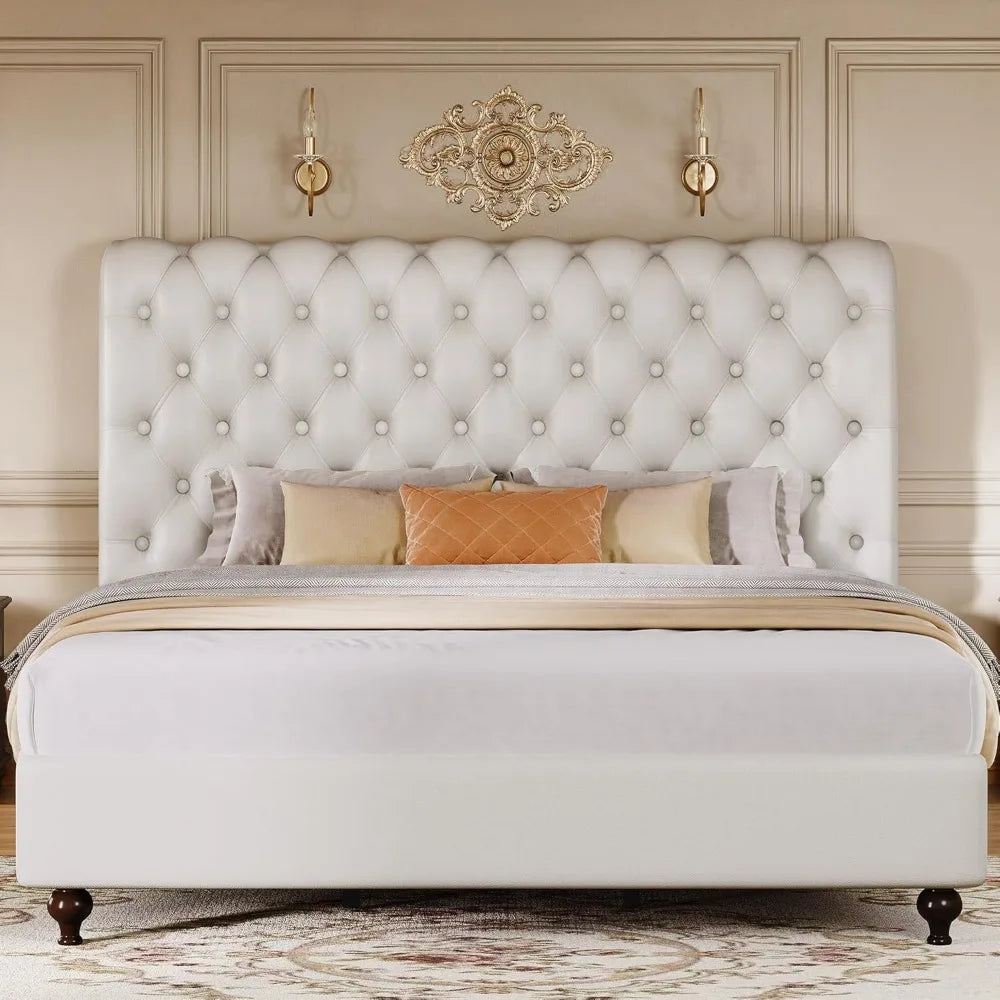 Yitahome queen size platform bed frame with 54’’ tall headboard pu leather upholstered solid wood leg button - united