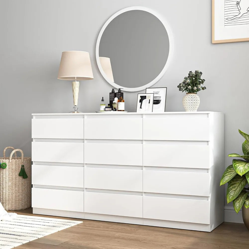 White dresser for bedroom,modern long 12 drawer with deep drawer,wood storage chest of bedroom organizer - white
