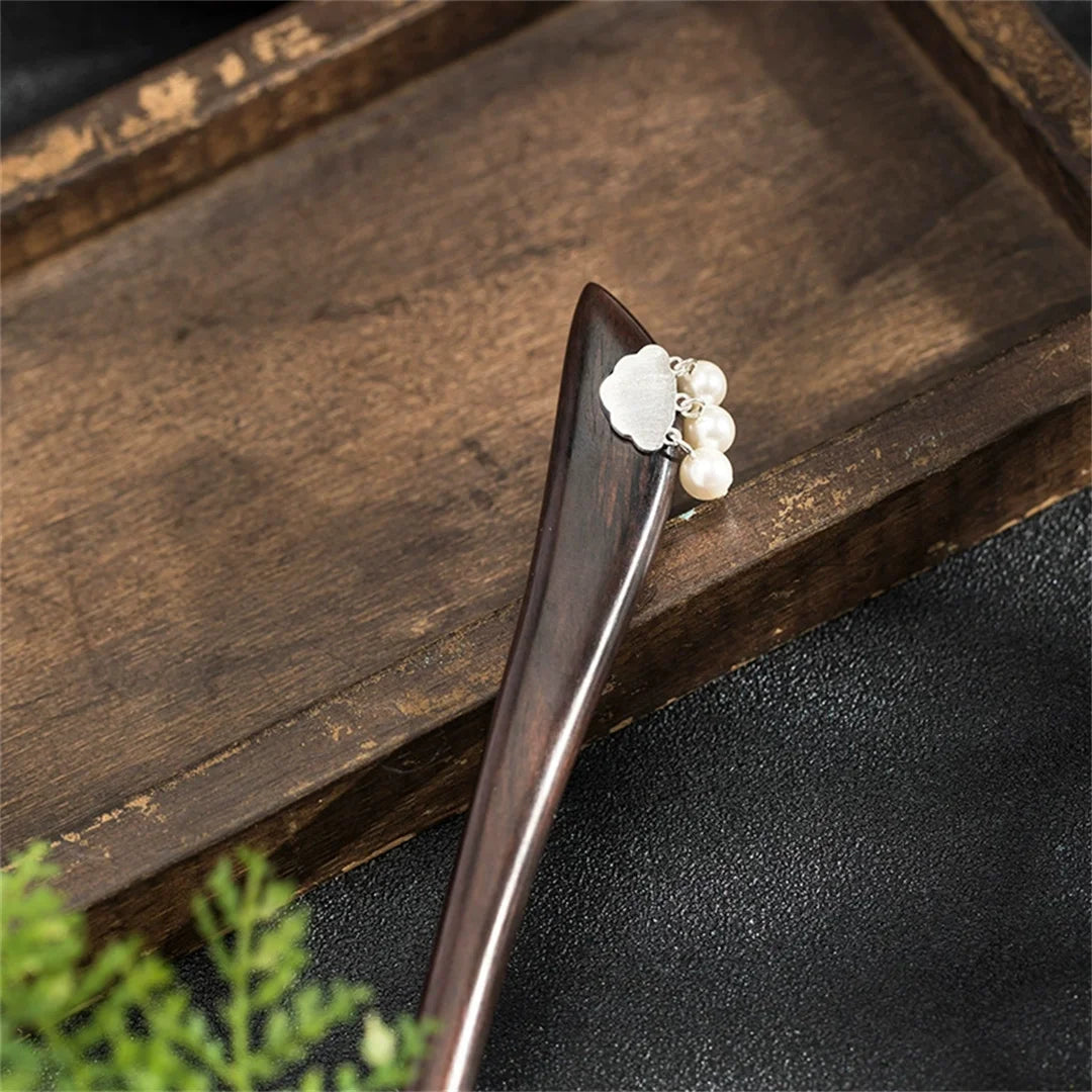 New 100% s925 pure silver women’s men retro hairpin ebony wood cloud blossom chinese style hanfu hair accessories
