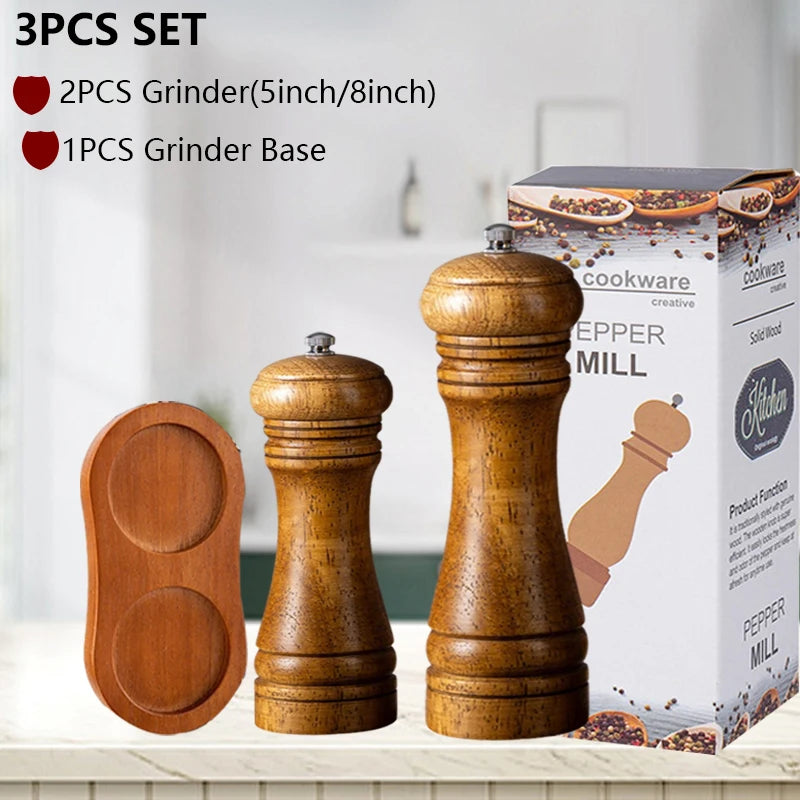 Wxcoo wood salt and pepper grinder cooking spice shakers mills grinding bottle with base kitchen accessories - 3pcsa1a2