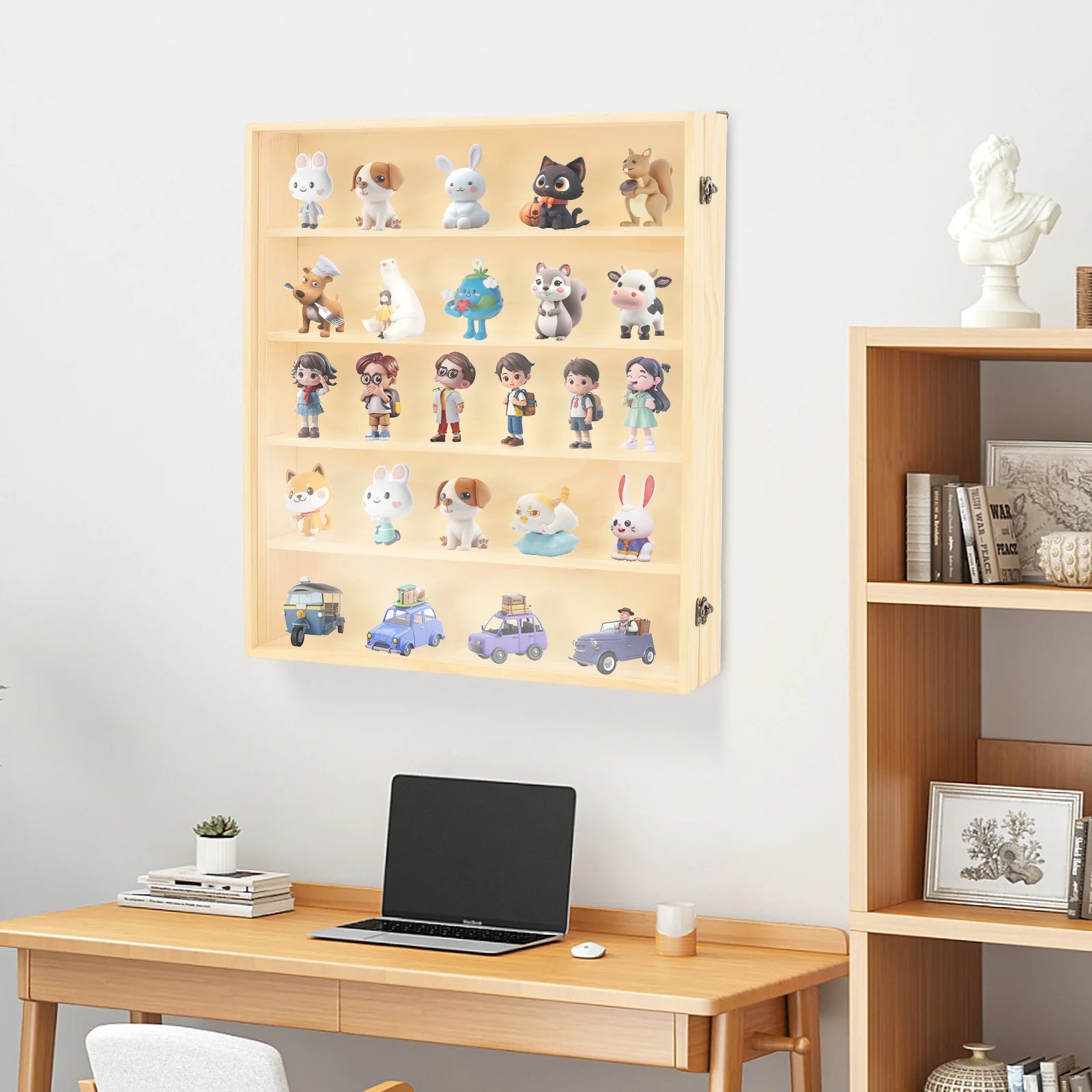 50*9*56cm rectangular model cars display case,5 tiers wood color wall-mountable wooden cabinet for home living room