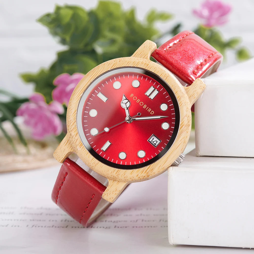 Bobo bird bamboo ladies wristwatch for women with genuine leather strap natural lightweight elegant fashion gift watch