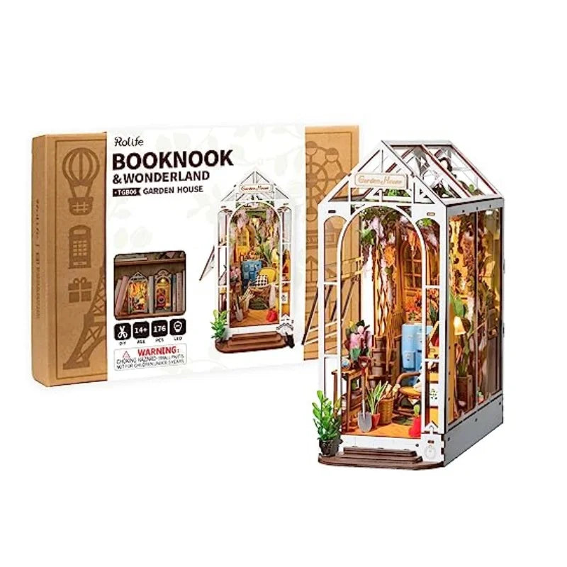 Robotime rolife diy book nook wooden miniature doll house for bookshelf insert furniture
