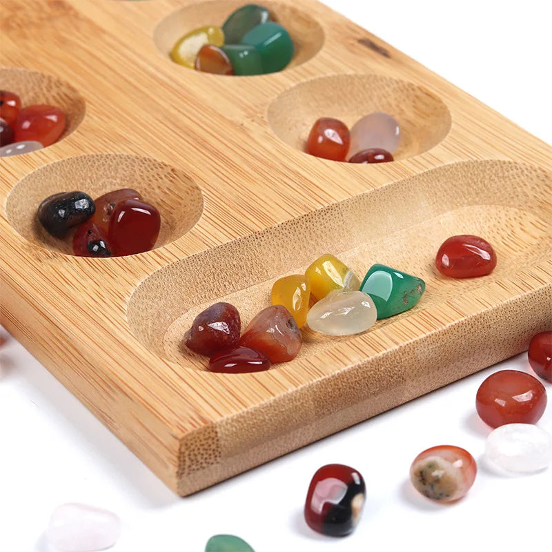 Riverstones & bamboo foldable mancala board game - fun classic table with wooden for adults kids - bamboo 48 stone