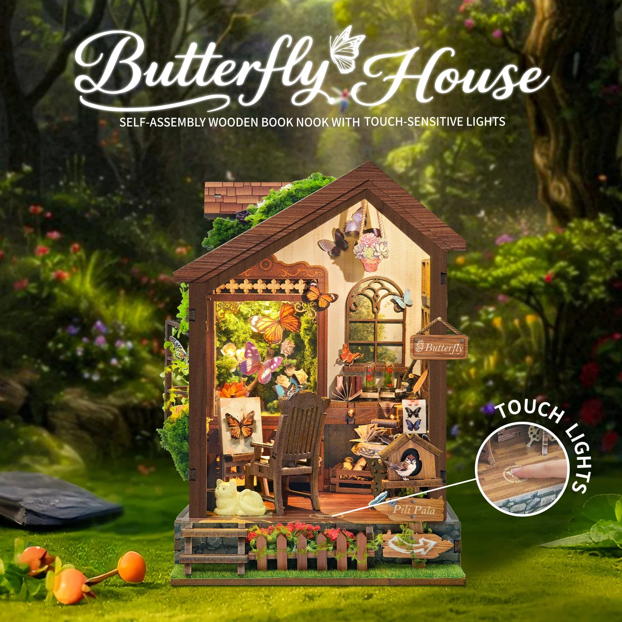 Butterfly house bookend miniature model kits diy wooden book nook shelf kit with lights bookshelf for friends birthday
