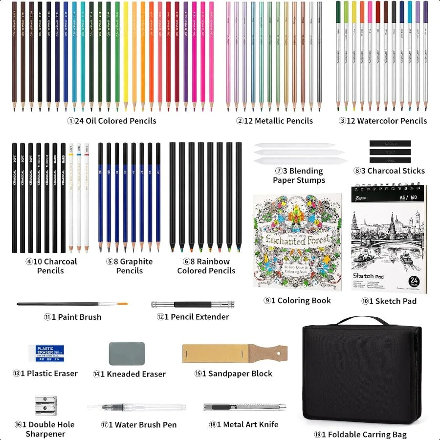 92 pack art plies sketching kit color pencil set with rainbow colored graphite watercolor metallic charcoal draw