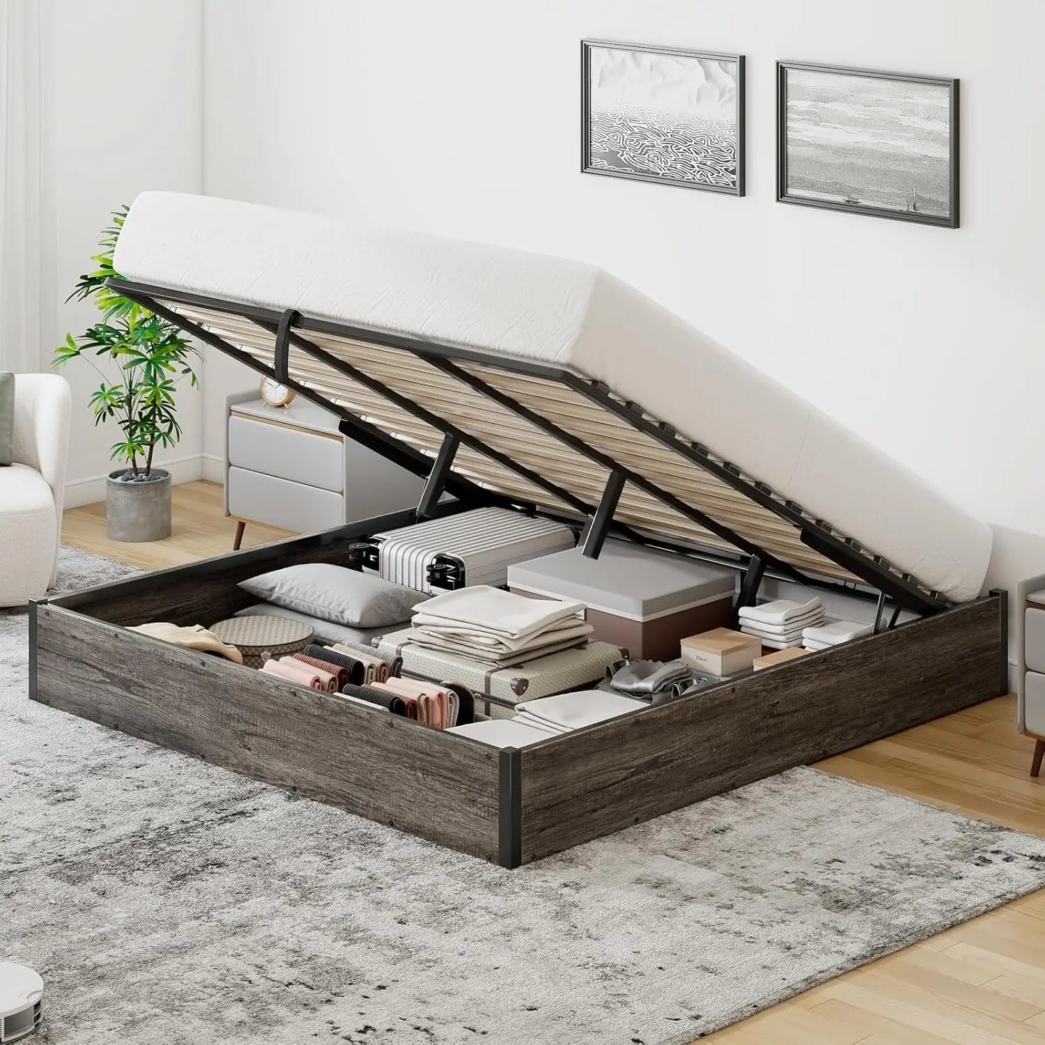 Queen size lift up storage platform bed frame metal with wooden slats support no box spring needed large sp - rustic