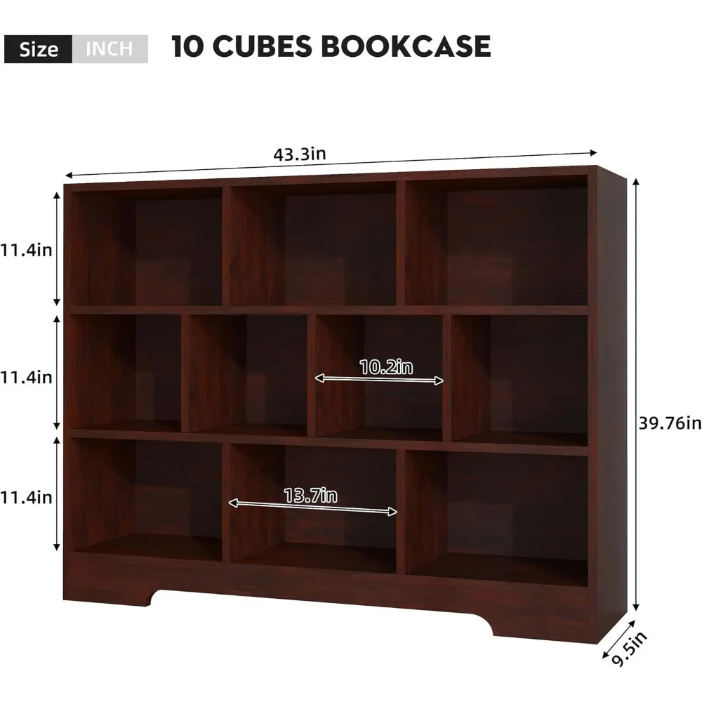 3-tier wooden open shelf bookcase with 10 cubes storage organizer for bedroom - cherry finish freestanding bookshelf