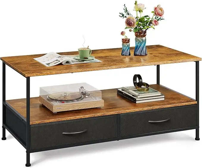 Two-tier wooden storage coffee table with drawers for living room and bedroom - united states / rustic brown