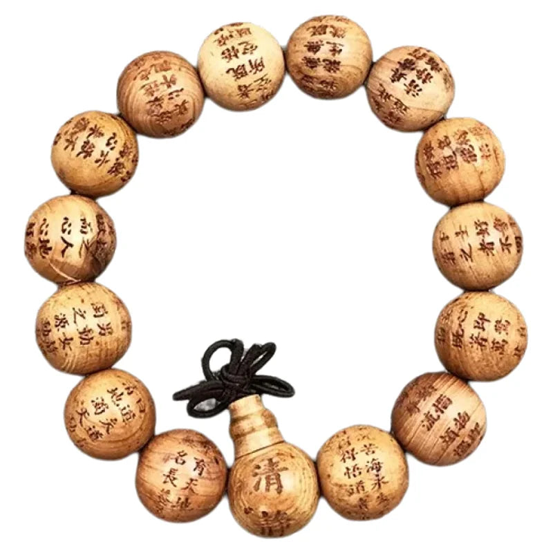 Carved peaceful buddhist prayer beads bracelet sandalwood sculpture taoist wristwear faionable wooden jewelry - 15 mm