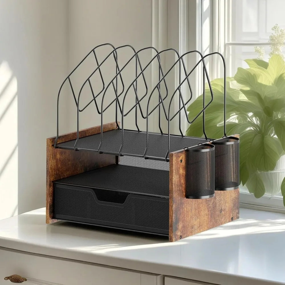 Wood desk organizer - 2-tier desktop file with drawer vertical holder wooden paper tray office organz - united states
