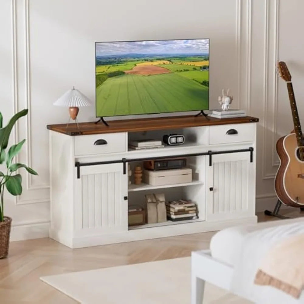 ’65 inch tv coastal style stand with mid-century wood entertainment center and storage cabinets’ - white / united states