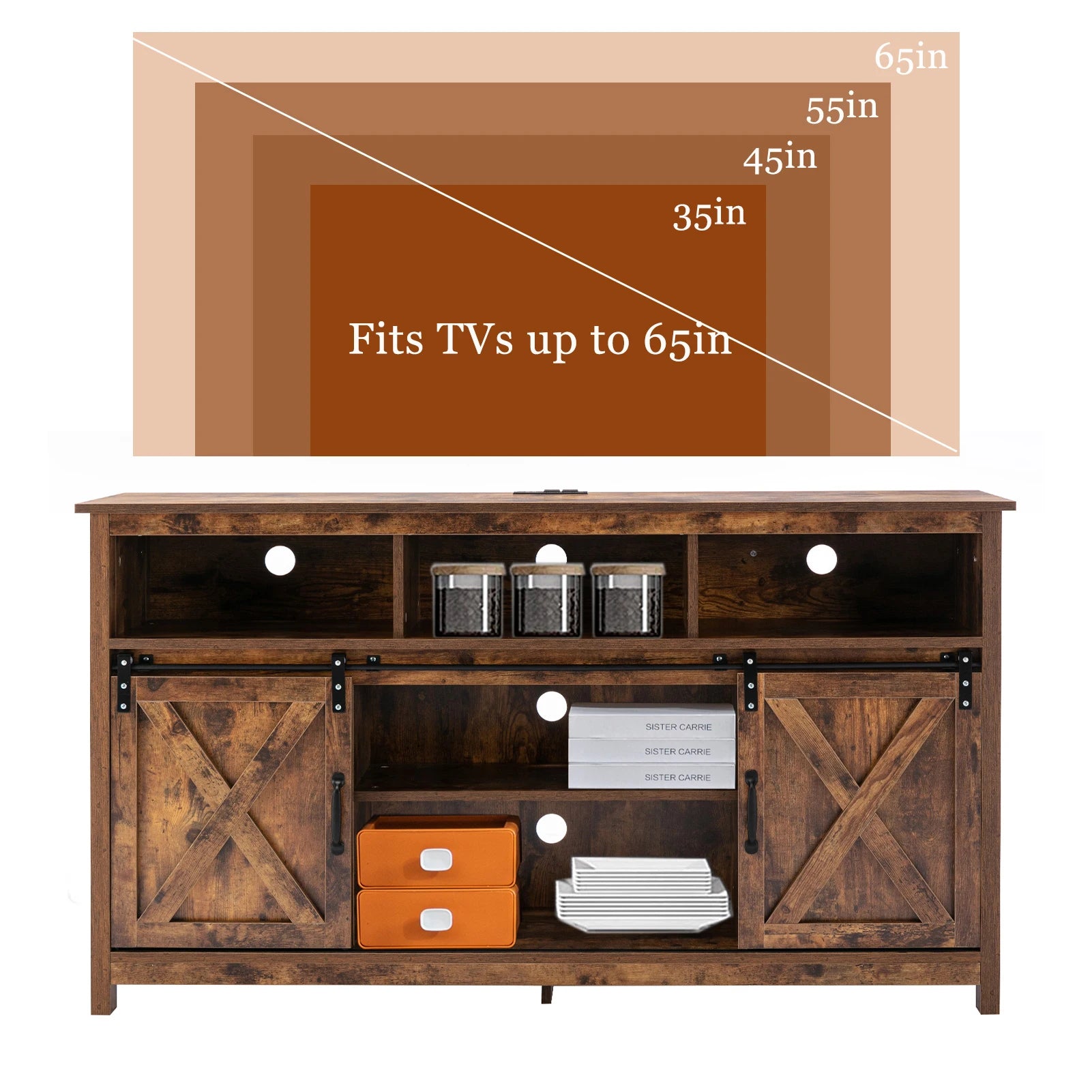 Tv stand farmhouse coffee bar cabinet rustic sliding barn door storage with power outlet & led light 57’’ wooden cabi