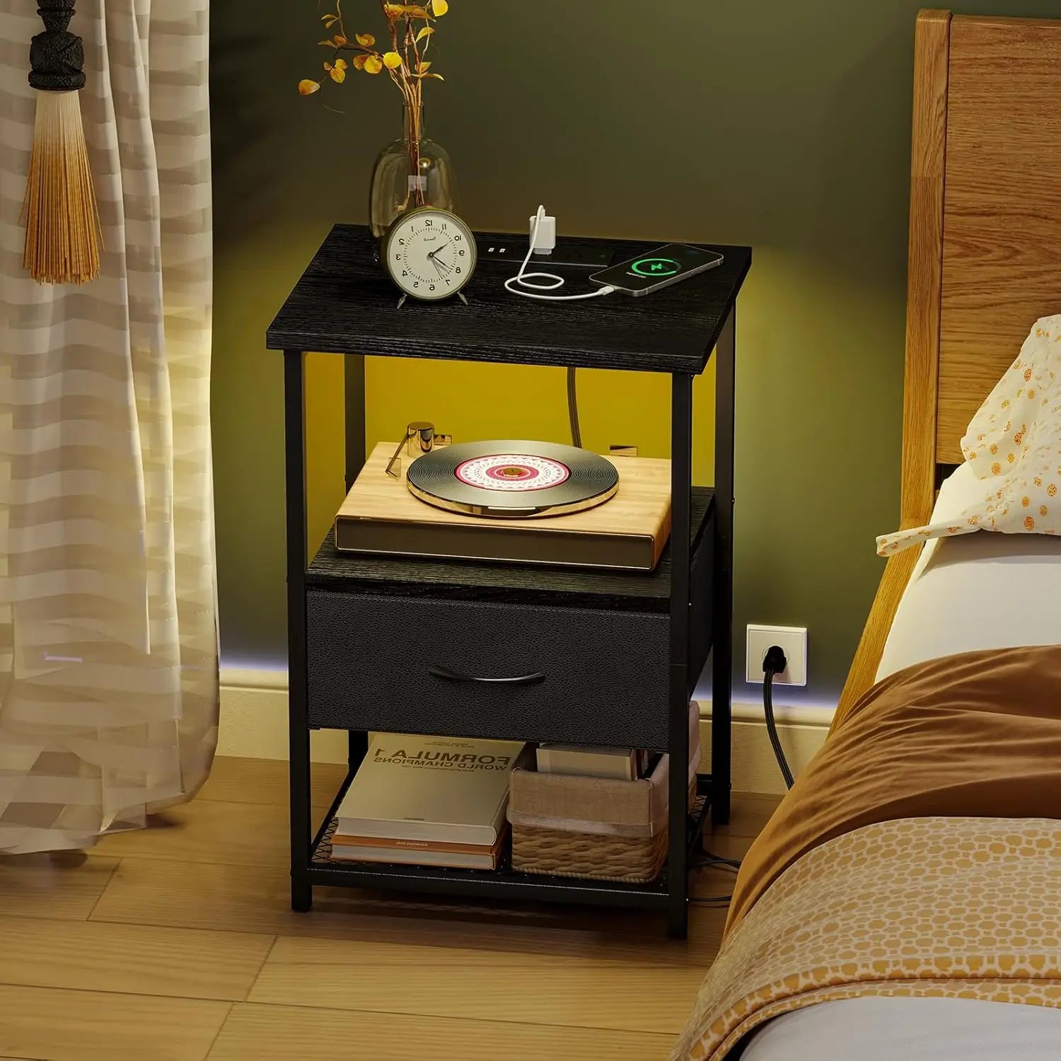 Night stand set of 2 with charging station led nightstand fabric drawers end table pu finish bed side black - black2