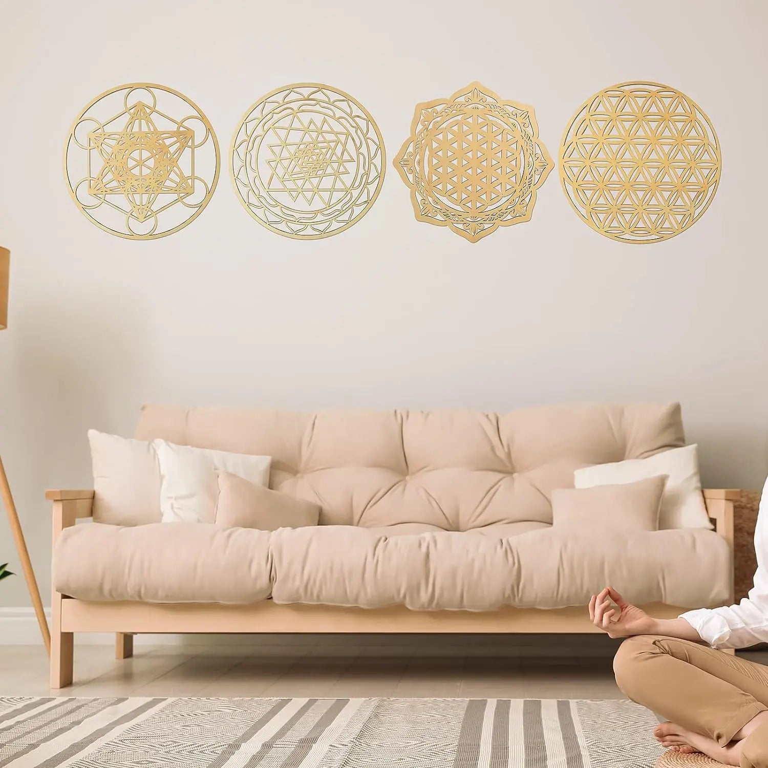 4 pieces 12 inch sacred geometry wall art meditation decor wooden crystal grid board include metatron’s cube flower