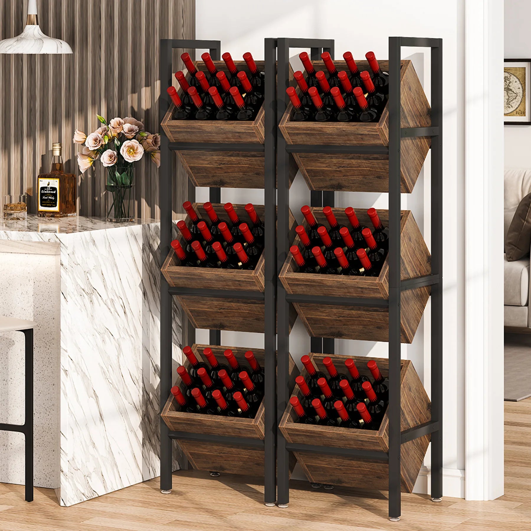 Tribesigns wine rack freestanding floor 3 tier wooden storage stand wobble-free holder display shelf - rustic brown